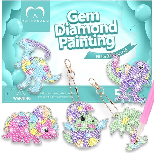 MATHARAGO Dinosaur Diamond Painting Keychain Kit - 5D Gems, 5 DIY Keychains for Kids Ages 6-12