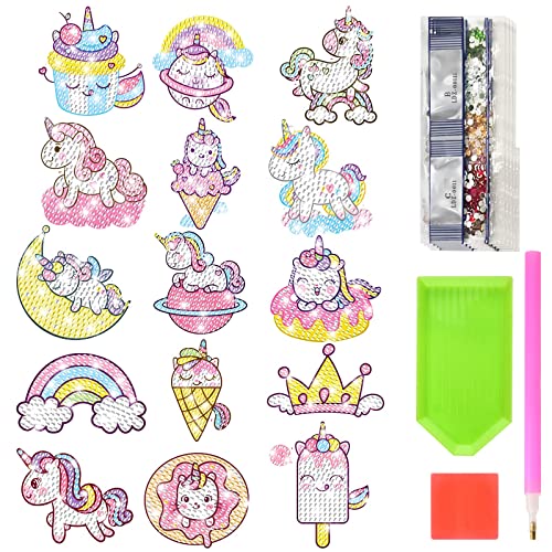MATHARAGO Unicorn Diamond Painting Kit – 15pcs Diamond Dots Art for Kids with 1000+ Sparkling Stickers