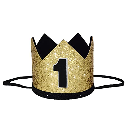 Maticr Glitter First Birthday Crown for Baby Boy - 1st Bday Party Hat with Cake Smash Photo Prop and Sash