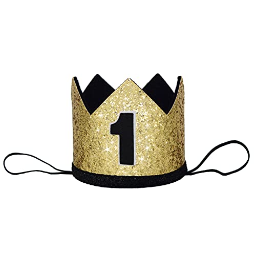 Maticr Glitter First Birthday Crown for Baby Boy - 1st Bday Party Hat with Cake Smash Photo Prop and Sash
