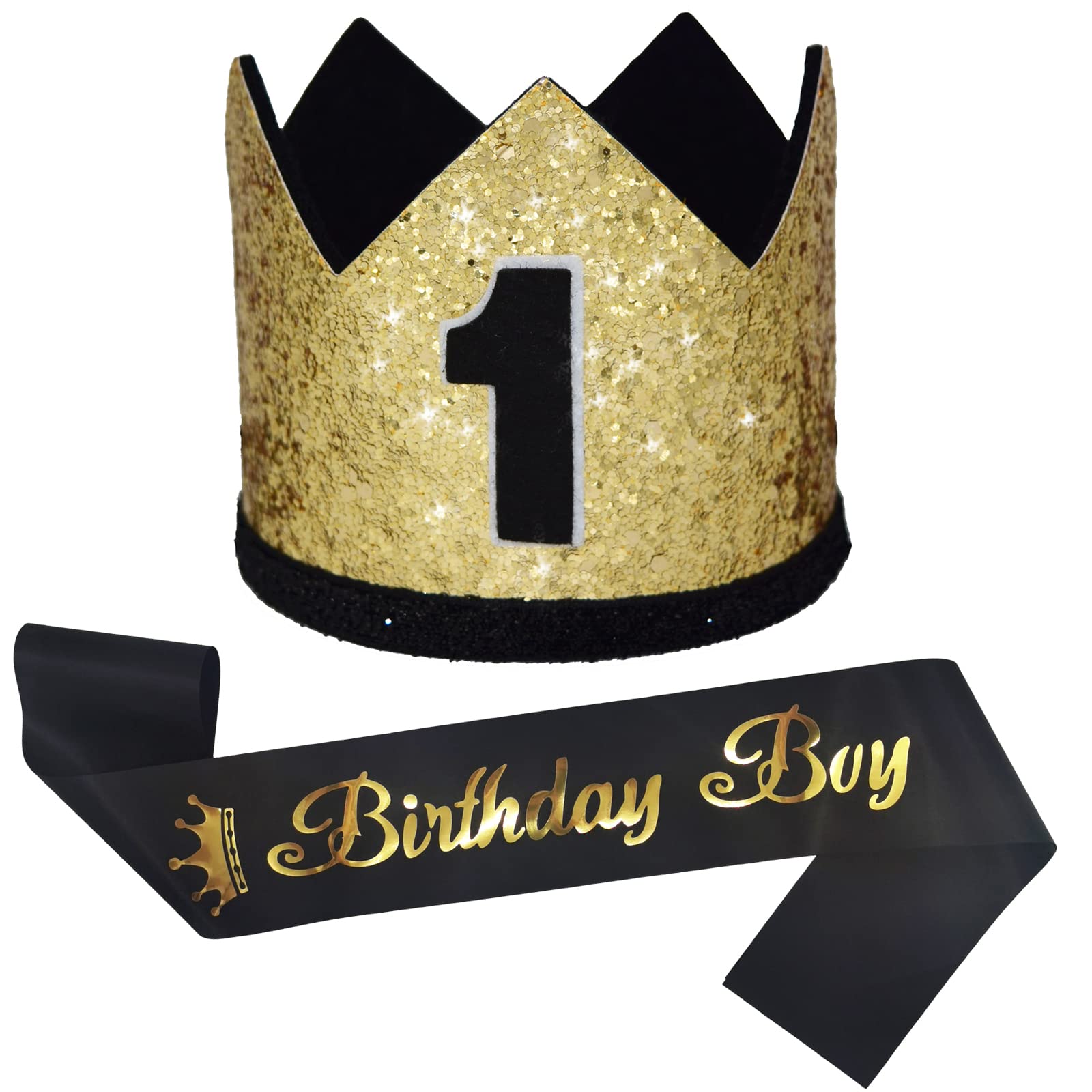 Maticr Glitter First Birthday Crown for Baby Boy - 1st Bday Party Hat with Cake Smash Photo Prop and Sash