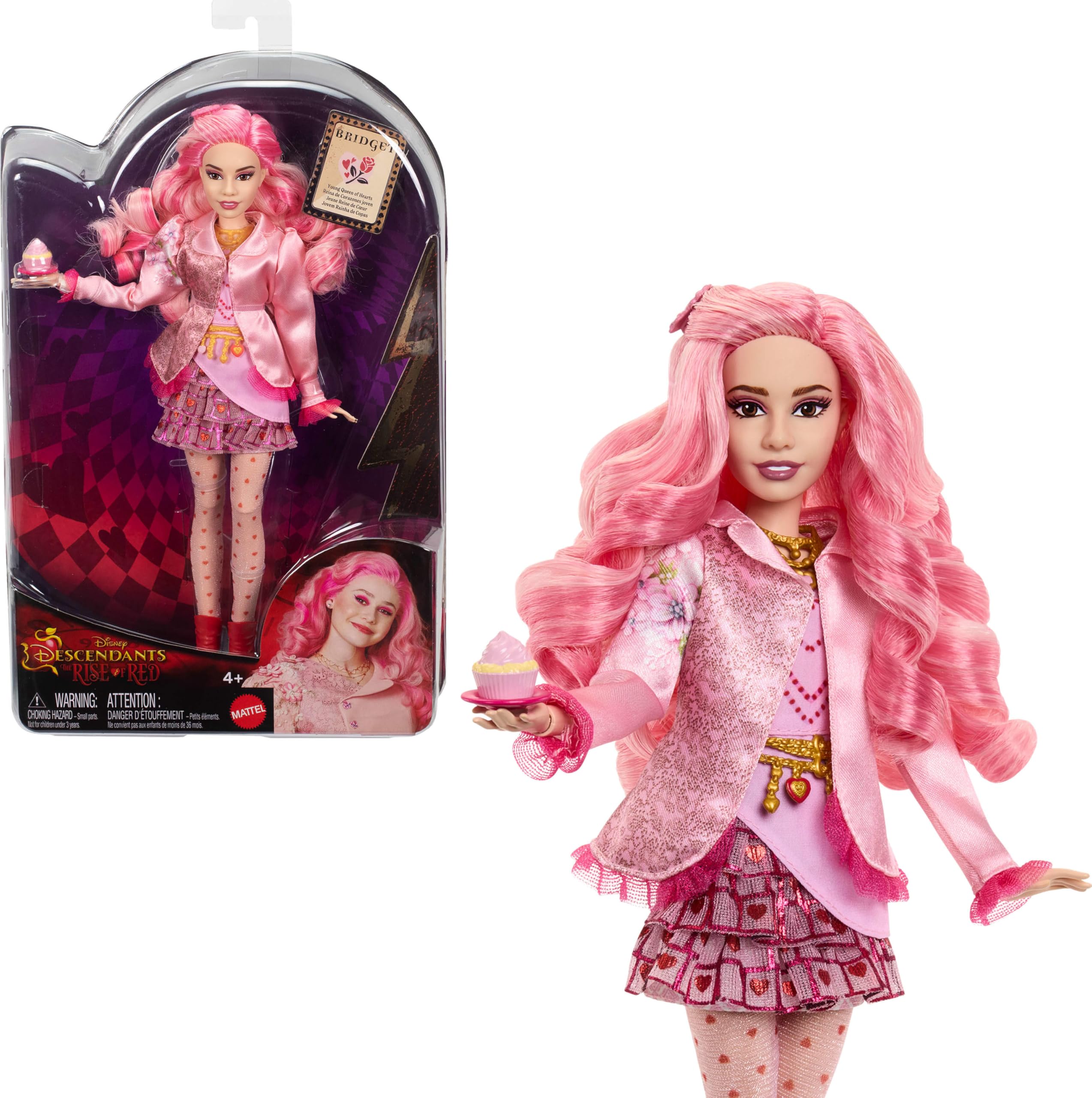 Mattel Disney Descendants: The Rise of Red Bridget Doll - Young Queen of Hearts with Movie Outfit & Cupcake Accessory