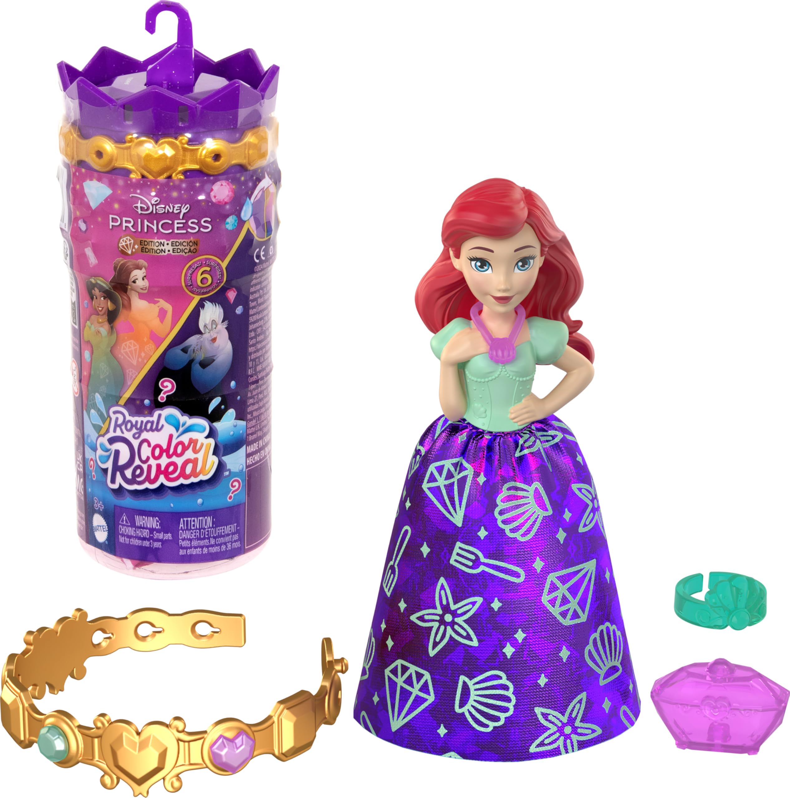 Mattel Disney Princess Royal Color Reveal Small Doll Surprise – 6 Surprises Including Bracelet & Ring