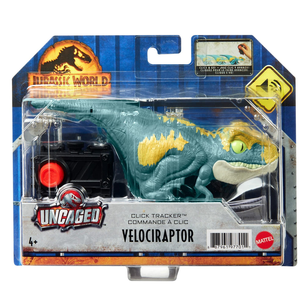 Mattel Jurassic World Dominion Click Tracker Velociraptor 'Blue' Dinosaur Toy with Clicker-Controlled Motion & Sound