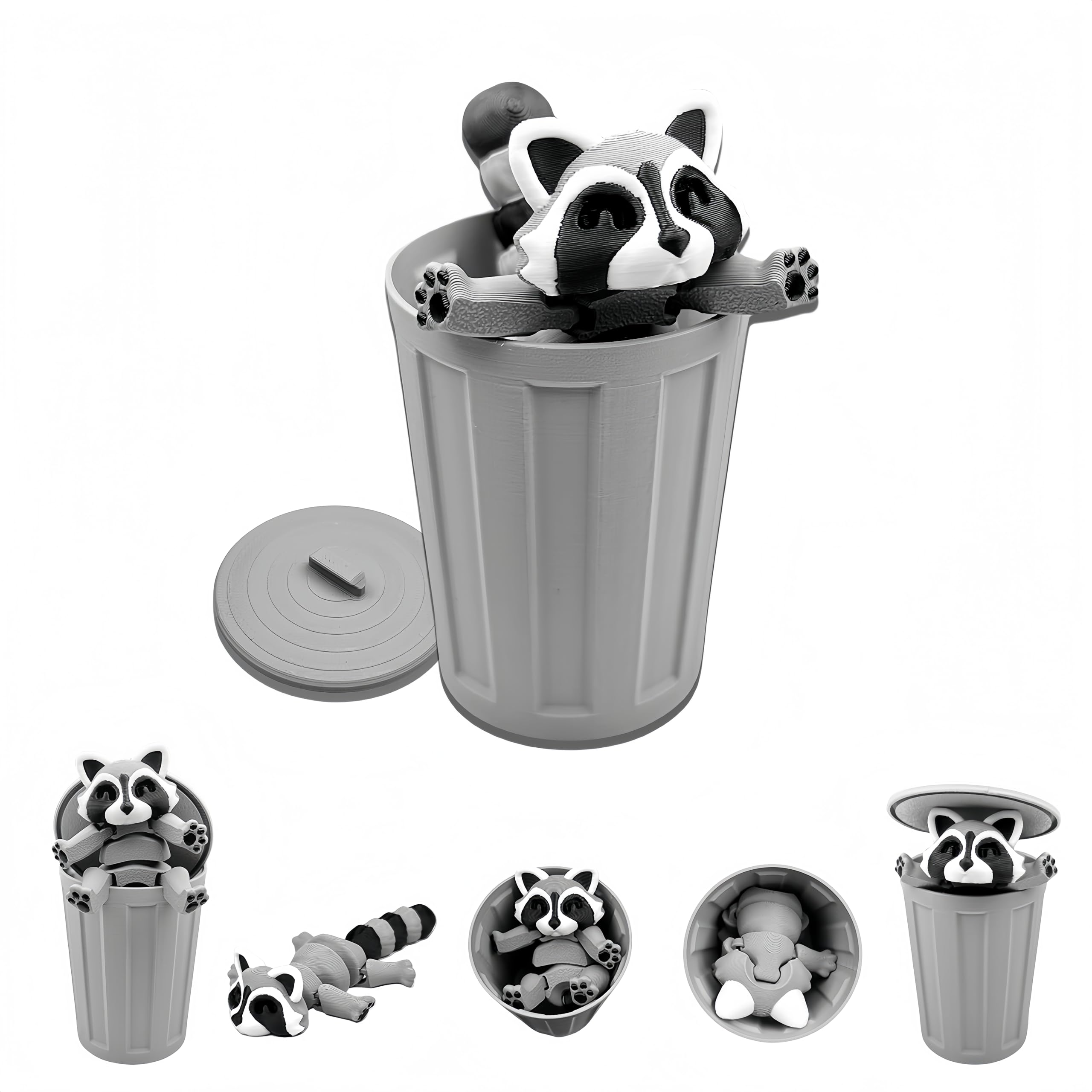 MAVLENT 3D Printed Raccoon Fidget Toy with Trashcan – Articulated Desk Decor for Adults