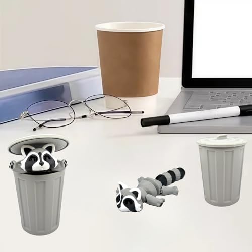 MAVLENT 3D Printed Raccoon Fidget Toy with Trashcan – Articulated Desk Decor for Adults