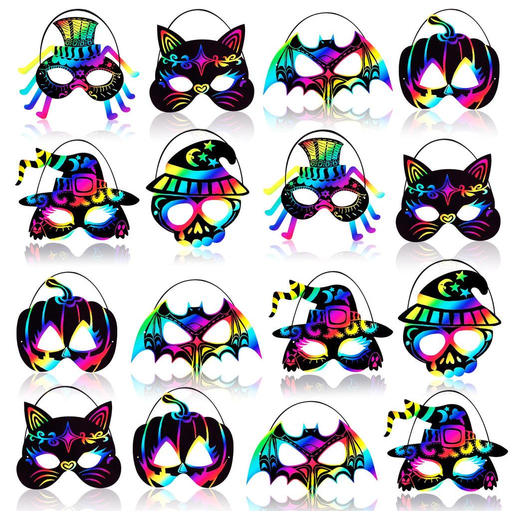 Max Fun 48-Piece Halloween Scratch Art Mask Kit – Rainbow Masks with Wooden Styluses for Parties and Classrooms