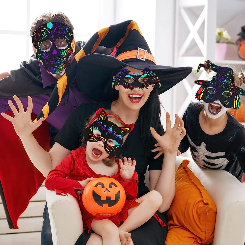 Max Fun 48-Piece Halloween Scratch Art Mask Kit – Rainbow Masks with Wooden Styluses for Parties and Classrooms