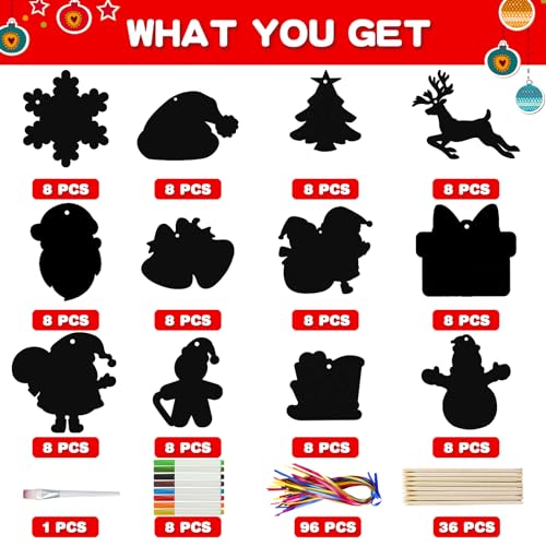 Max Fun Christmas Scratch Art Kit for Kids – 96 Pieces Rainbow Magic Scratch Off Ornaments
