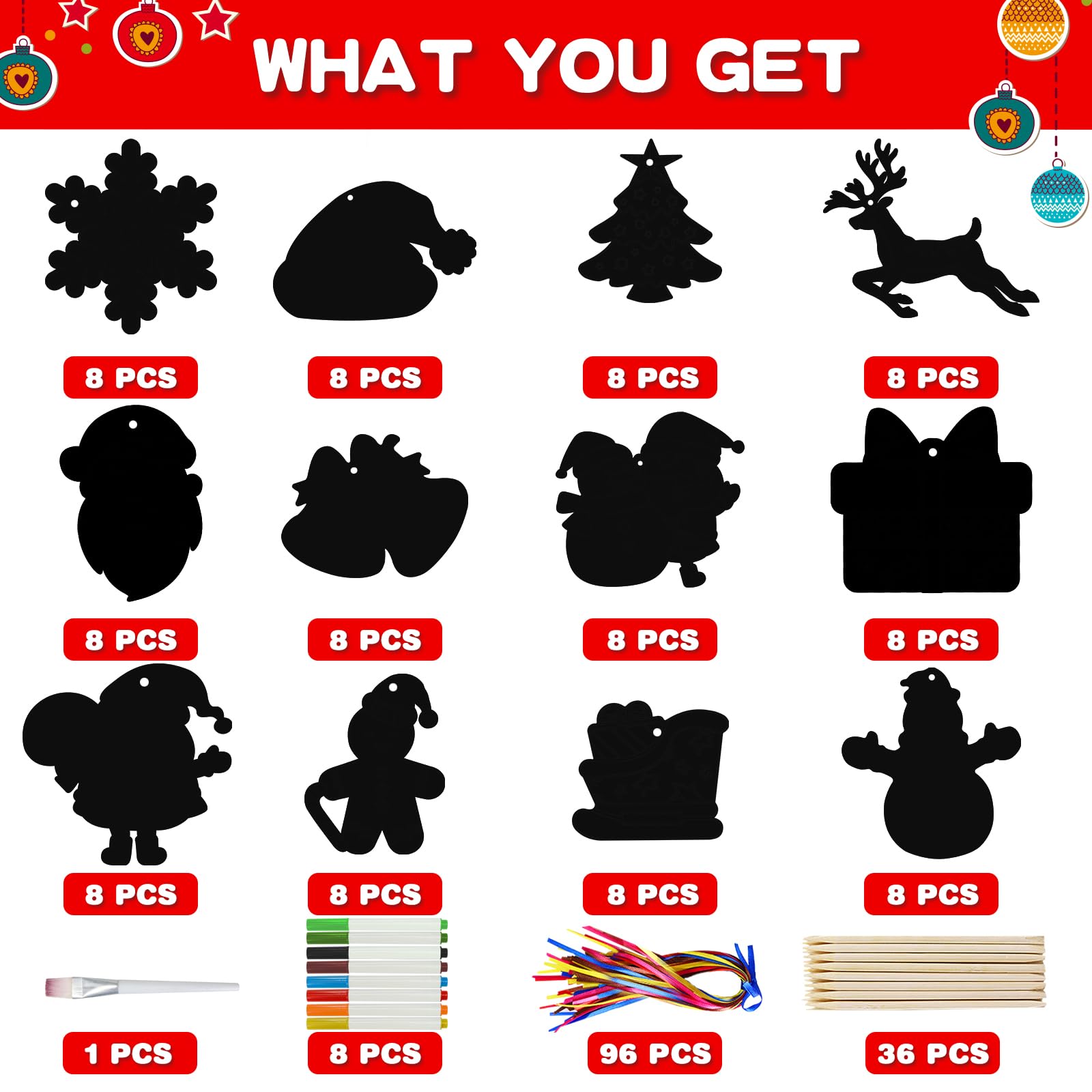 Max Fun Christmas Scratch Art Kit for Kids – 96 Pieces Rainbow Magic Scratch Off Ornaments