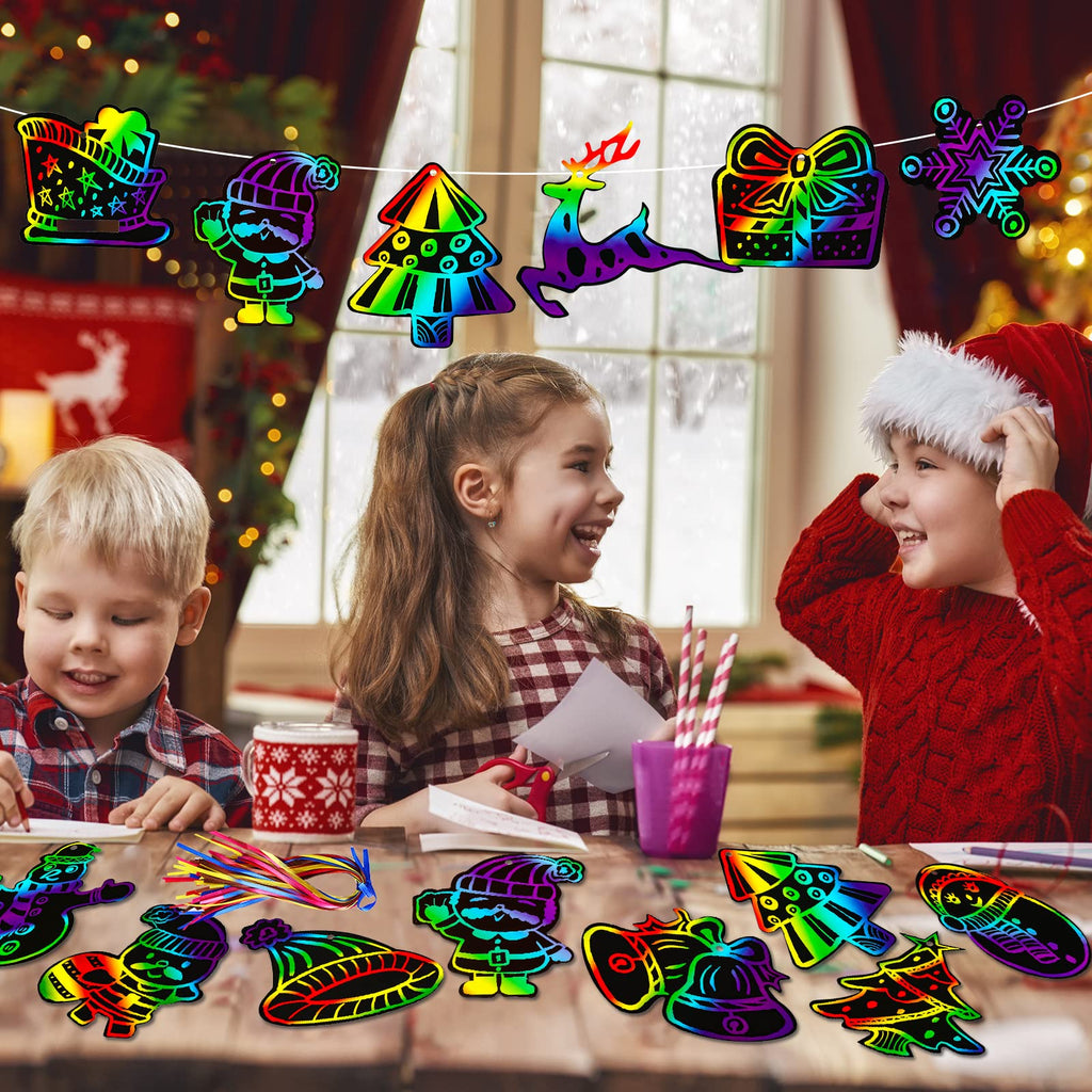 Max Fun Christmas Scratch Art Kit for Kids – 96 Pieces Rainbow Magic Scratch Off Ornaments