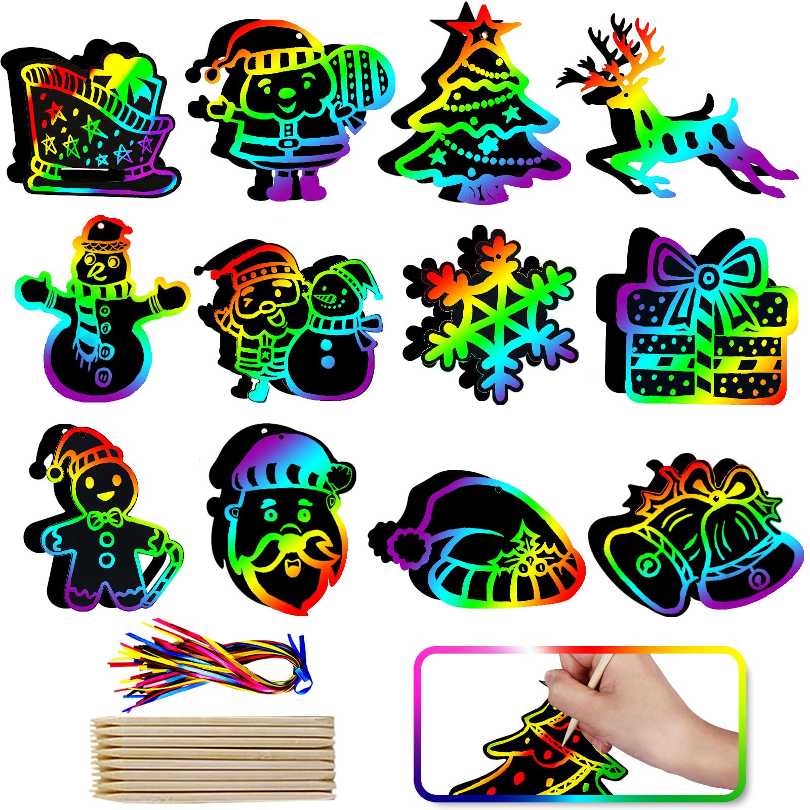 Max Fun Christmas Scratch Art Kit for Kids – 96 Pieces Rainbow Magic Scratch Off Ornaments