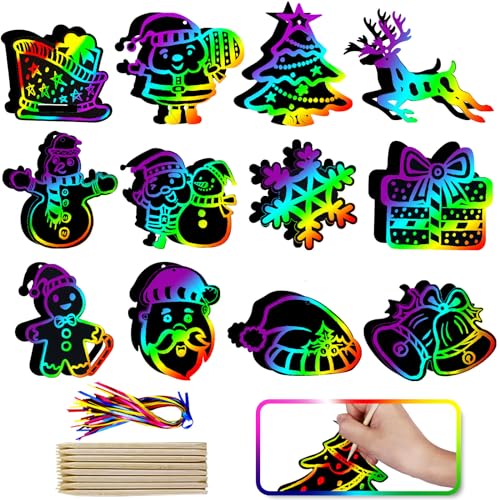 Max Fun Christmas Scratch Art Kit for Kids – 96 Pieces Rainbow Magic Scratch Off Ornaments