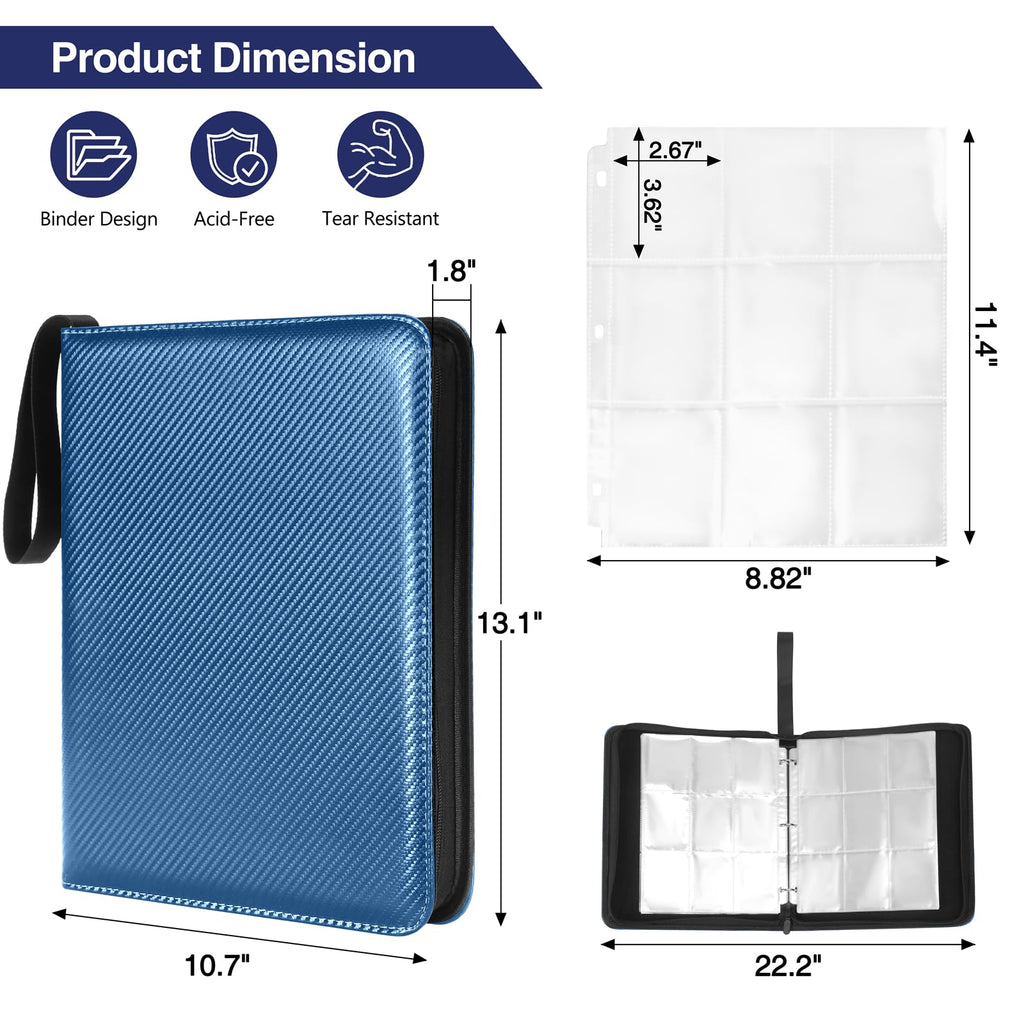 MAXECHO 9-Pocket Trading Card Binder - 1008 Cards, Blue PU Leather Album for Pokémon, MTG, Sports Cards