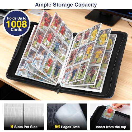 MAXECHO 9-Pocket Trading Card Binder - 1008 Cards, Blue PU Leather Album for Pokémon, MTG, Sports Cards