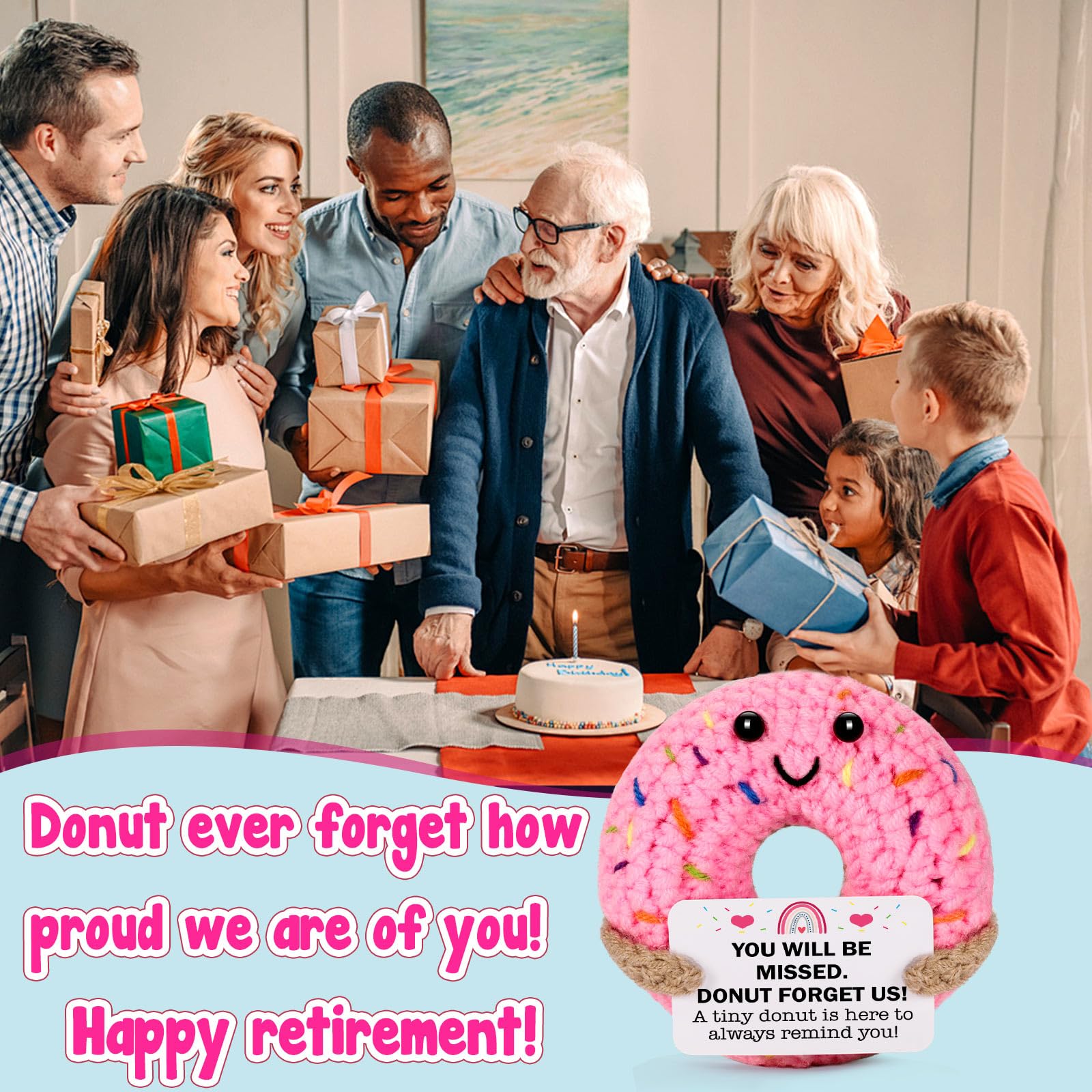 MBL Hand-Crocheted Donut Retirement Gift with 'Donut Forget Us' Message - 3.1 Inch Plush Keepsake for Women or Men