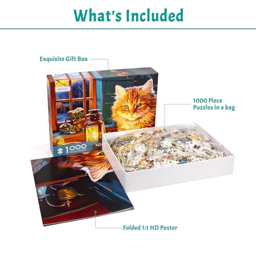 MBOQIU 1000 Piece Puzzle for Adults – Reading Cat Jigsaw with Letters on Back, 27.6 x 19.7 Inches, Cozy Scene