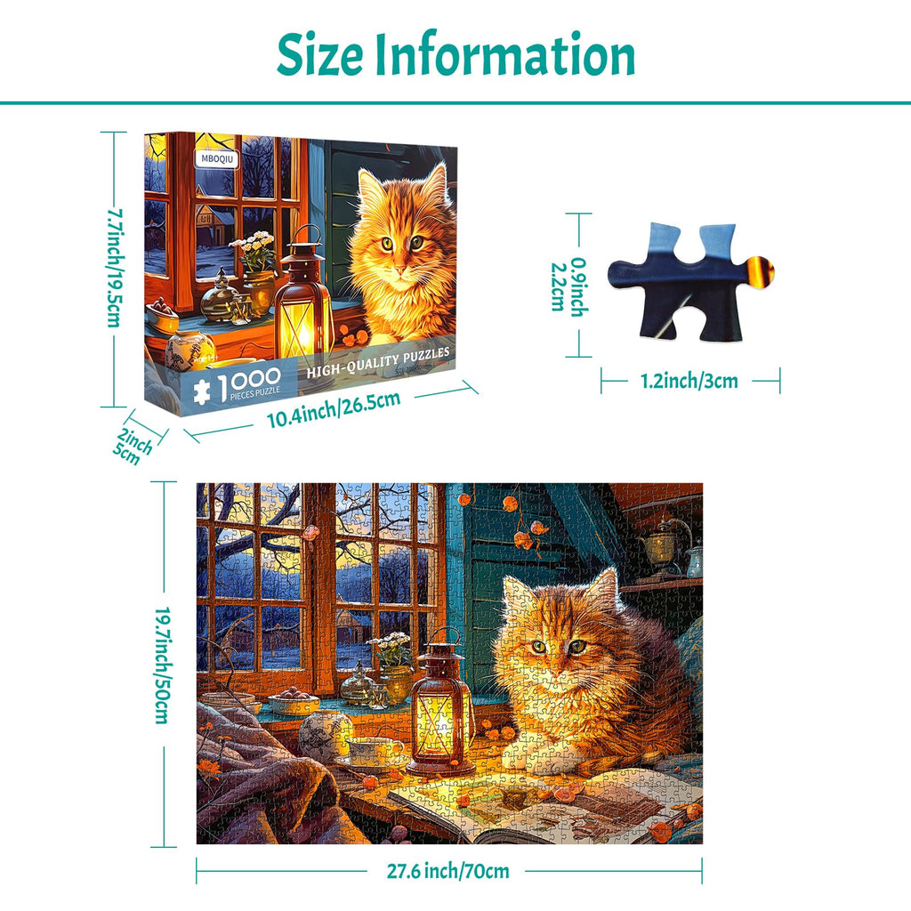 MBOQIU 1000 Piece Puzzle for Adults – Reading Cat Jigsaw with Letters on Back, 27.6 x 19.7 Inches, Cozy Scene