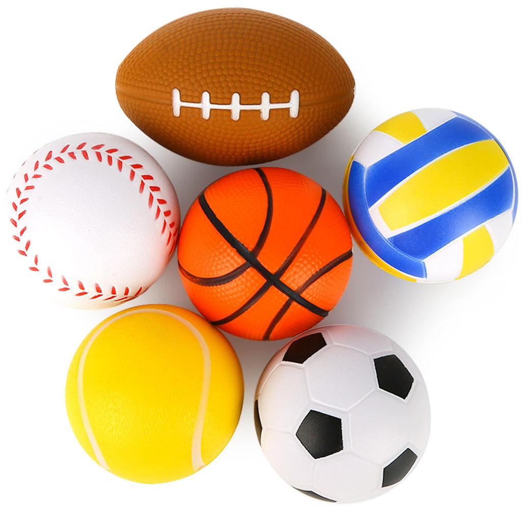 MCPINKY 6-Pack Foam Stress Balls – 2.5-Inch Mini Sports Balls (Basketball, Football, Baseball, Soccer, Tennis, Volleyball) – Silent Squeeze Toys for All Ages