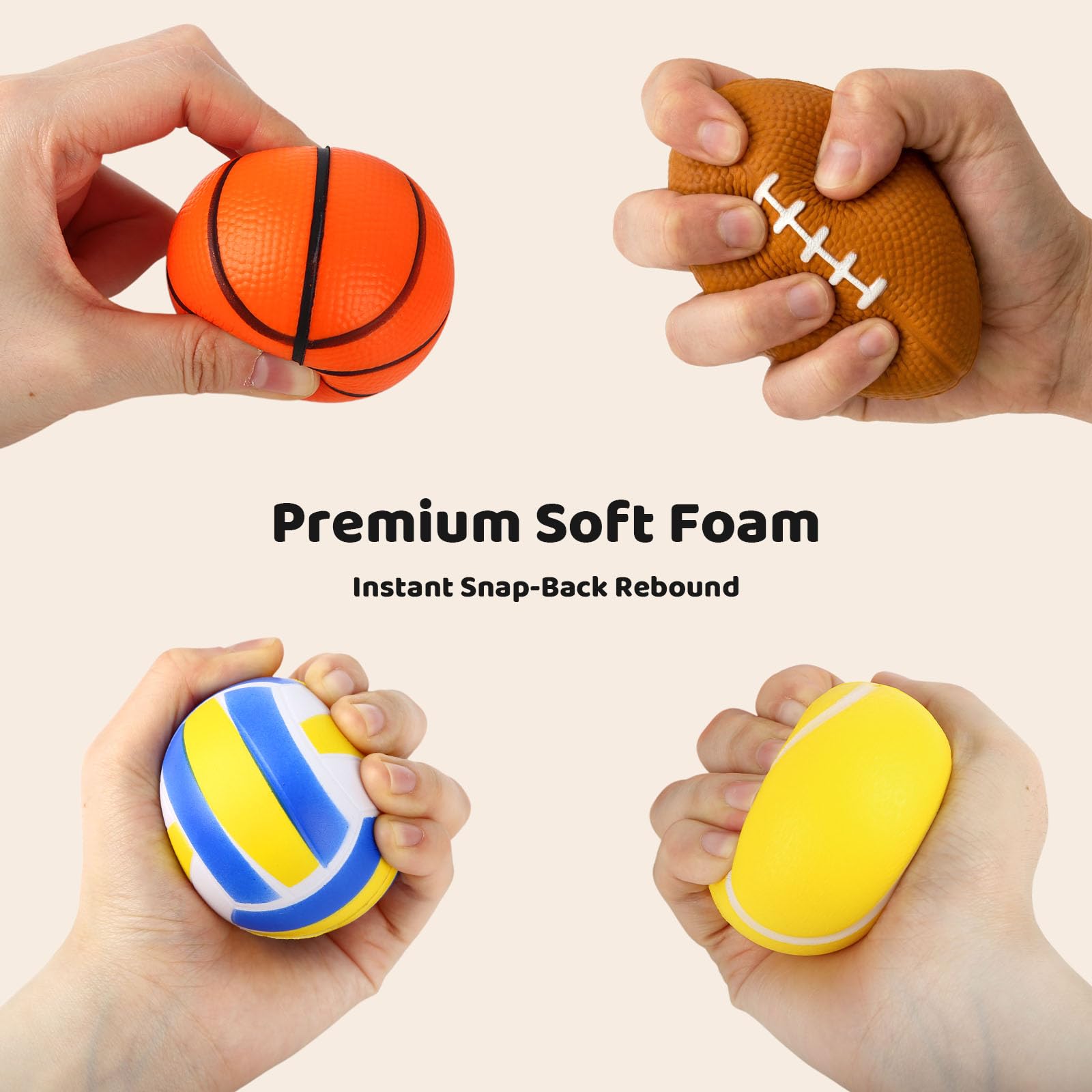 MCPINKY 6-Pack Foam Stress Balls – 2.5-Inch Mini Sports Balls (Basketball, Football, Baseball, Soccer, Tennis, Volleyball) – Silent Squeeze Toys for All Ages
