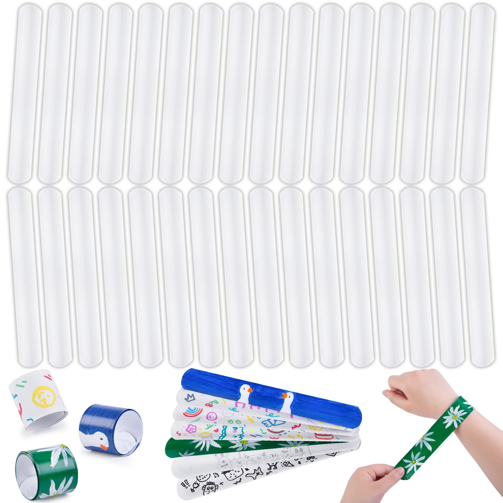 MCPINKY 72pk White Slap Bracelets, DIY Paintable Snap Wristbands for Kids Party Favors & Classroom Rewards