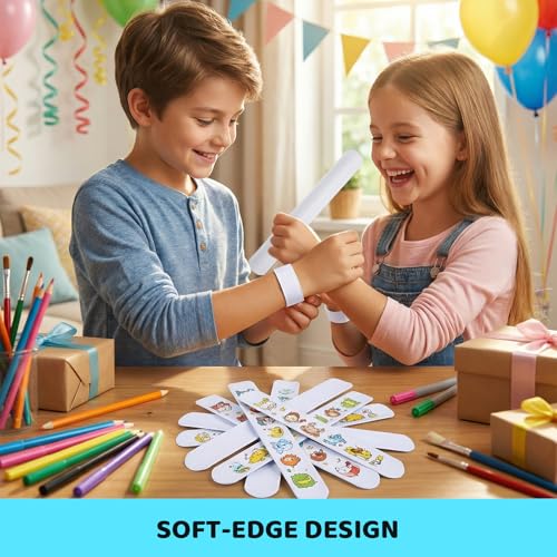 MCPINKY 72pk White Slap Bracelets, DIY Paintable Snap Wristbands for Kids Party Favors & Classroom Rewards