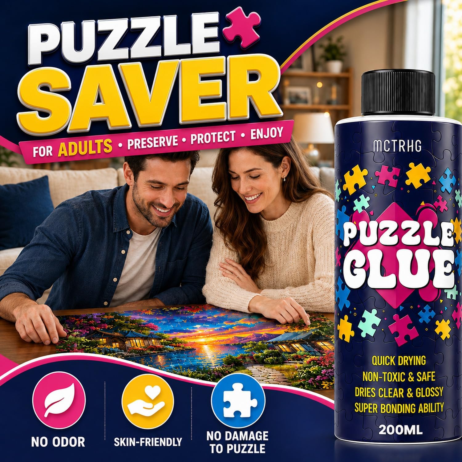 MCTRHG 200ml Clear Puzzle Glue with Applicators – Non-Toxic, Quick Dry, Water-Soluble for 500–5000 Piece Puzzles