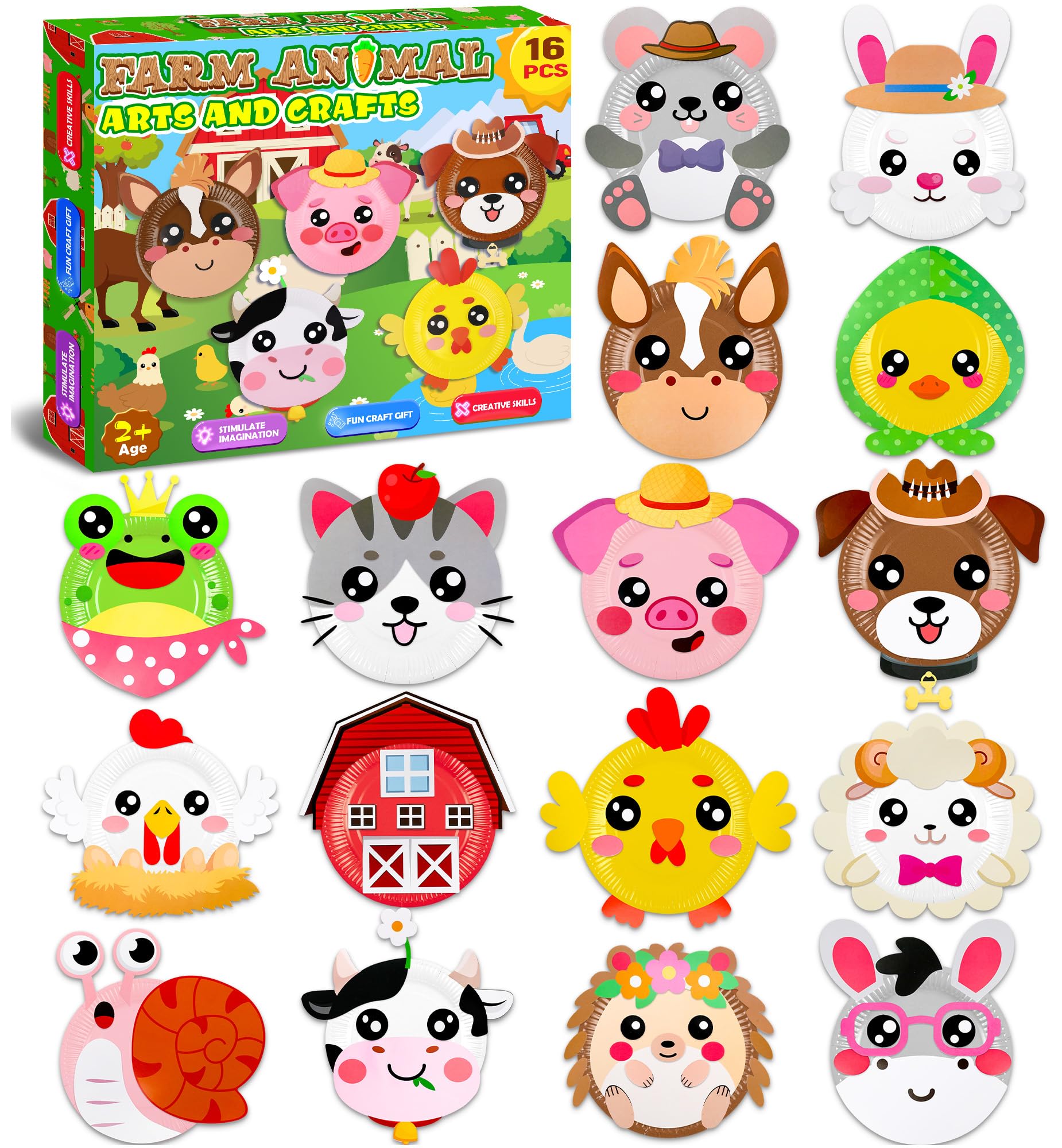 MDCGFOD 16 Pack Animal Paper Plate Craft Kit for Kids Ages 3-6 - Farm Theme DIY Art Project for Parties, Preschool, Classroom