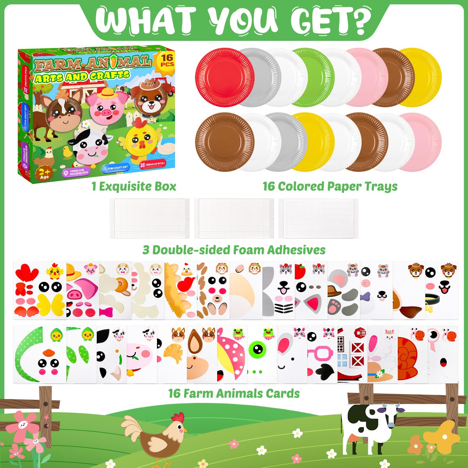 MDCGFOD 16 Pack Animal Paper Plate Craft Kit for Kids Ages 3-6 - Farm Theme DIY Art Project for Parties, Preschool, Classroom