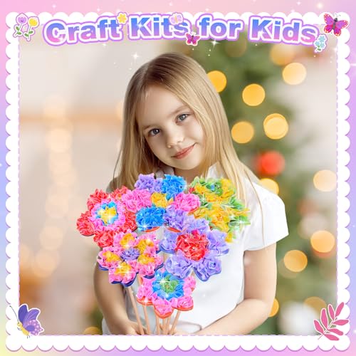 MDINGTD Poke Art Flower Bouquet Craft Kit for Girls Ages 4-8 – 800 Fabric Squares, 8 Flowers & 2 Butterflies