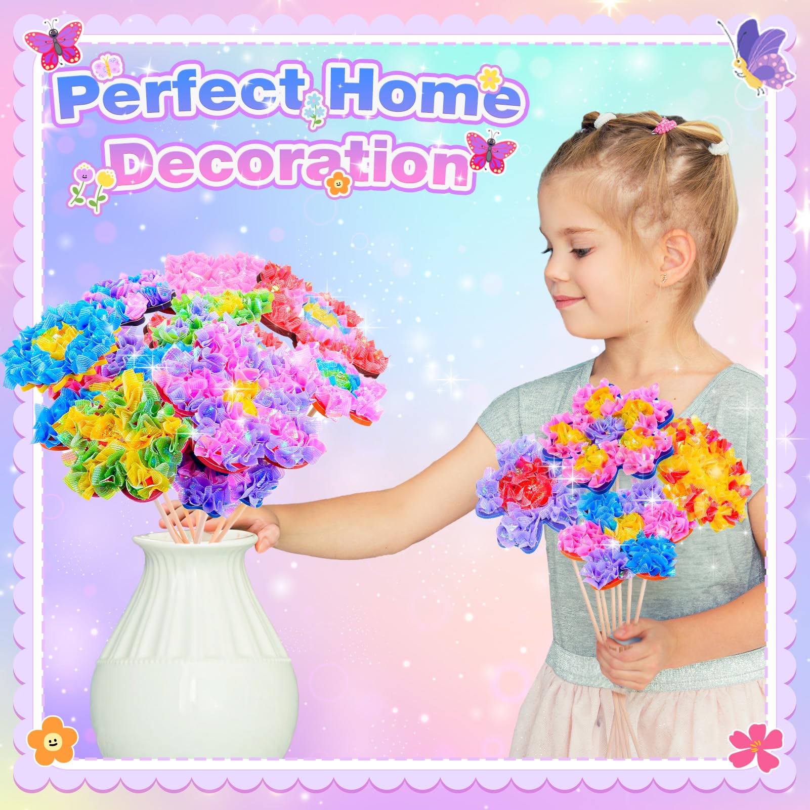 MDINGTD Poke Art Flower Bouquet Craft Kit for Girls Ages 4-8 – 800 Fabric Squares, 8 Flowers & 2 Butterflies