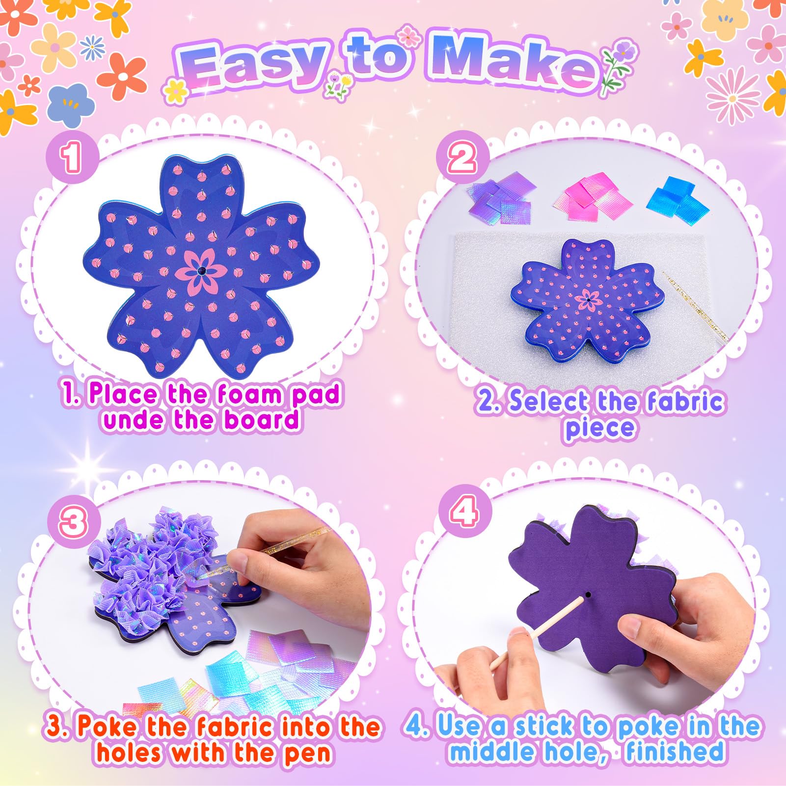 MDINGTD Poke Art Flower Bouquet Craft Kit for Girls Ages 4-8 – 800 Fabric Squares, 8 Flowers & 2 Butterflies