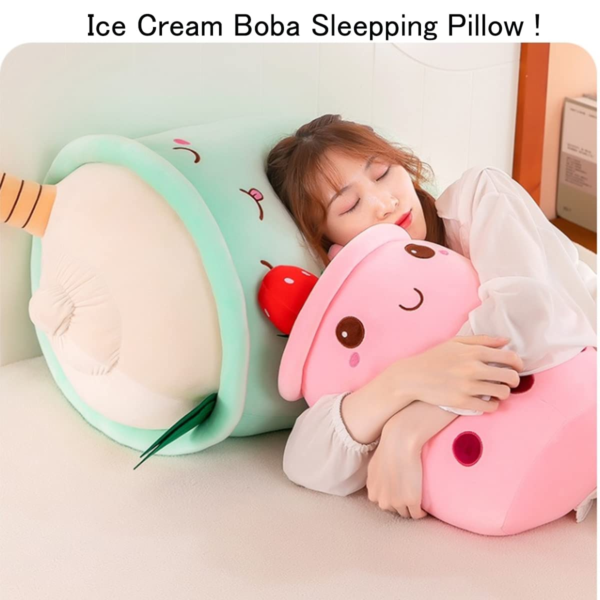 MDXMY Plush Stuffed Bubble Tea Pillow - Soft Cute Pearl Milk Tea Hug Pillow, 9.8 Inches, Pink Cream