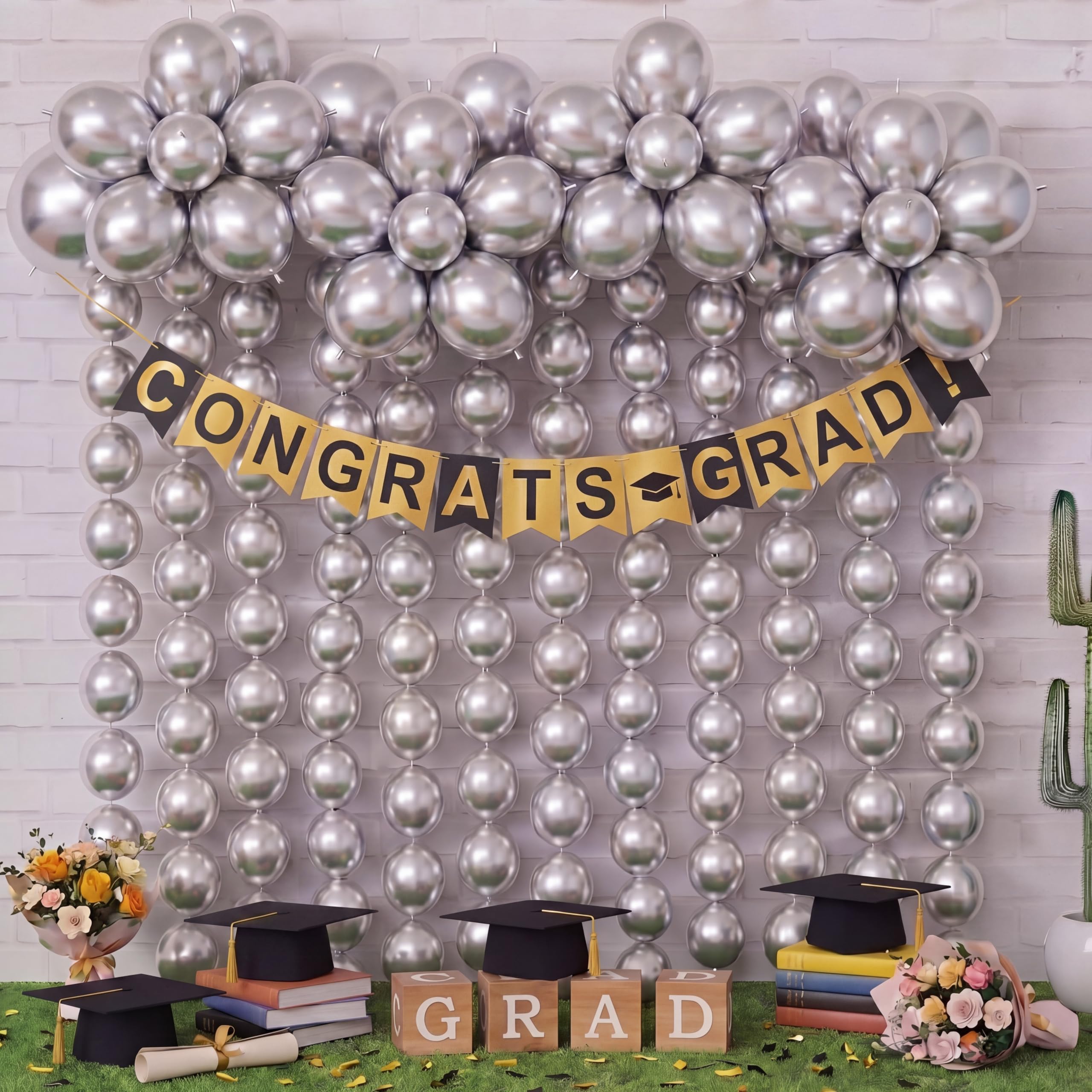 Meanplan 100 Pack 10-Inch Metallic Silver Link Balloons with Tails for Arches and Garlands
