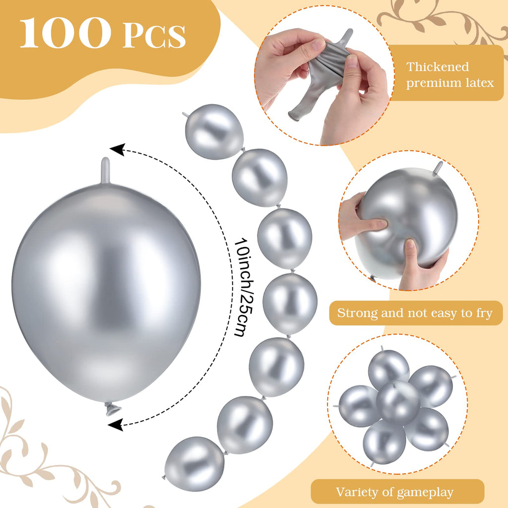 Meanplan 100 Pack 10-Inch Metallic Silver Link Balloons with Tails for Arches and Garlands