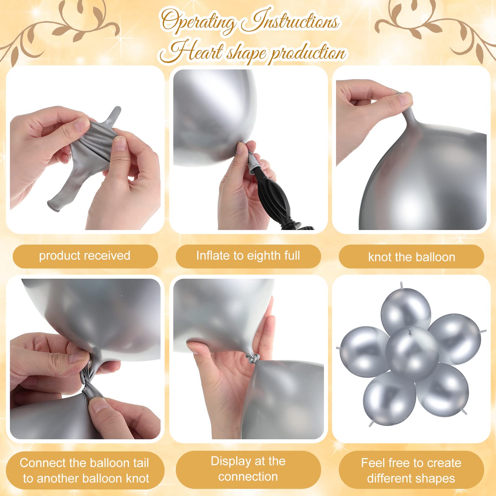 Meanplan 100 Pack 10-Inch Metallic Silver Link Balloons with Tails for Arches and Garlands
