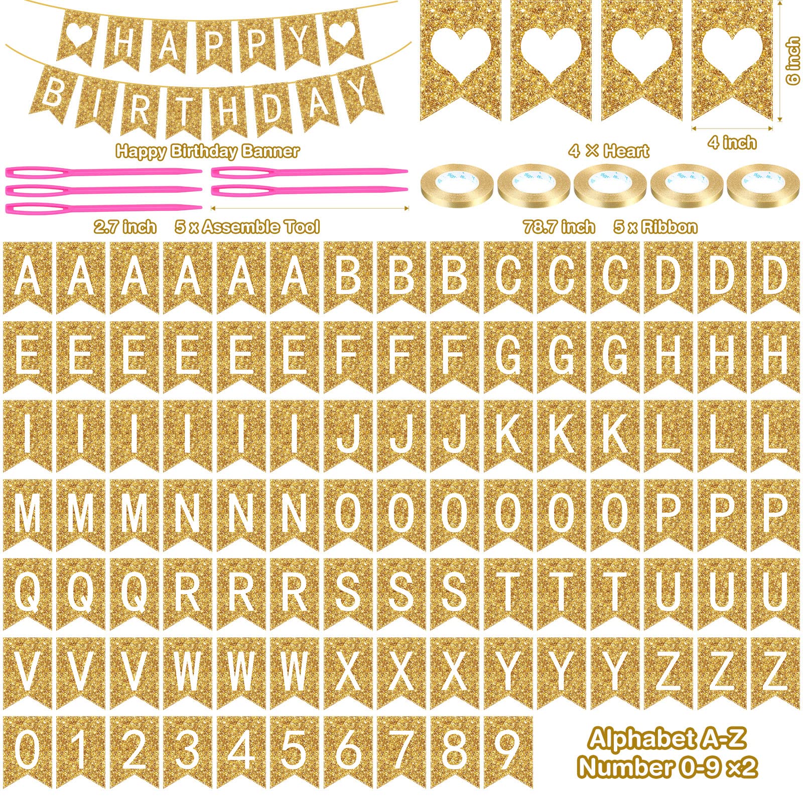 Meanplan 124-Piece DIY Letter Banner Kit - Gold Glitter Customizable Reusable Party Decor