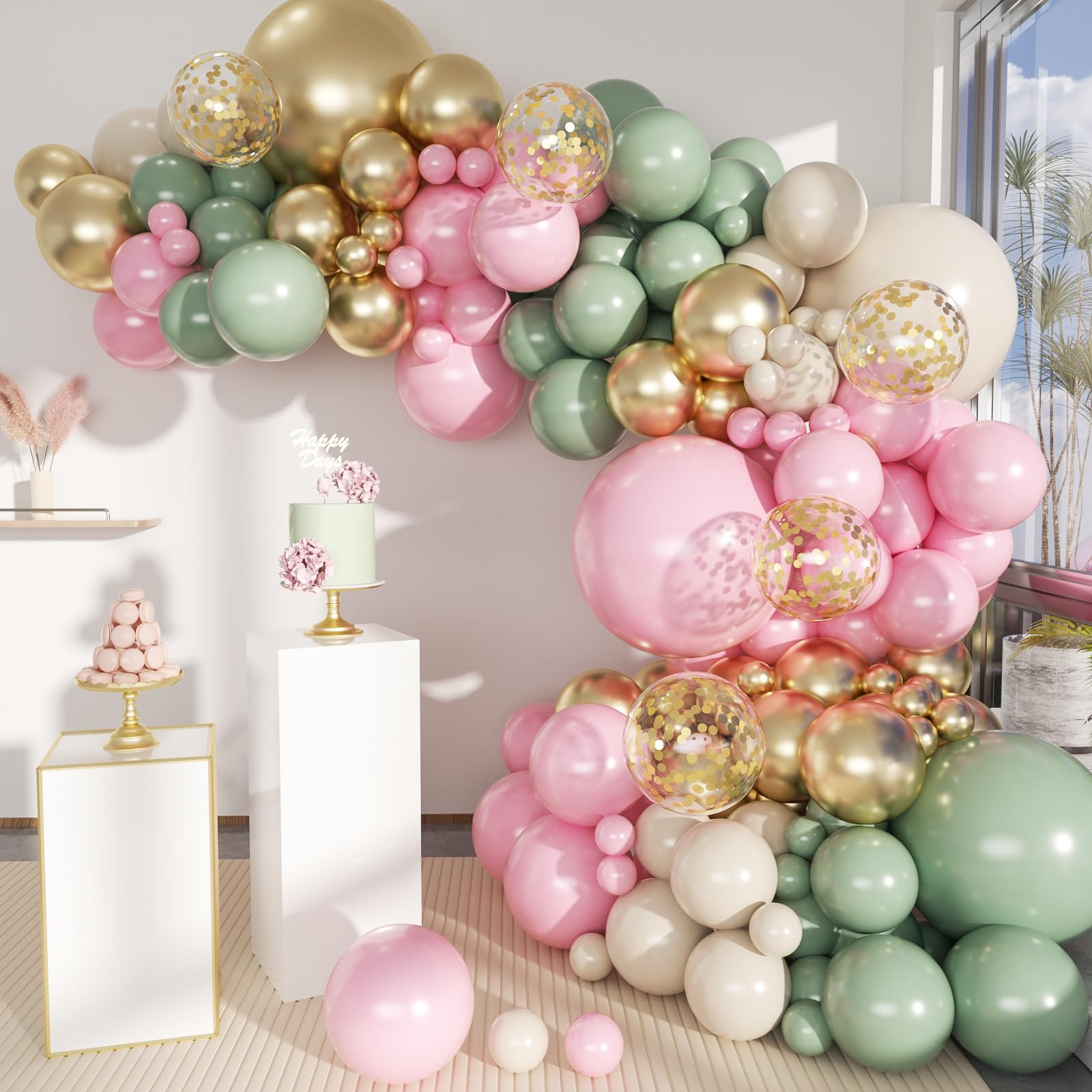 MEBAY 141-Piece Sage Green Balloon Arch Kit with Pink, Gold, and White