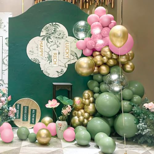 MEBAY 141-Piece Sage Green Balloon Arch Kit with Pink, Gold, and White