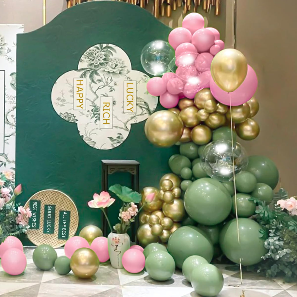 MEBAY 141-Piece Sage Green Balloon Arch Kit with Pink, Gold, and White