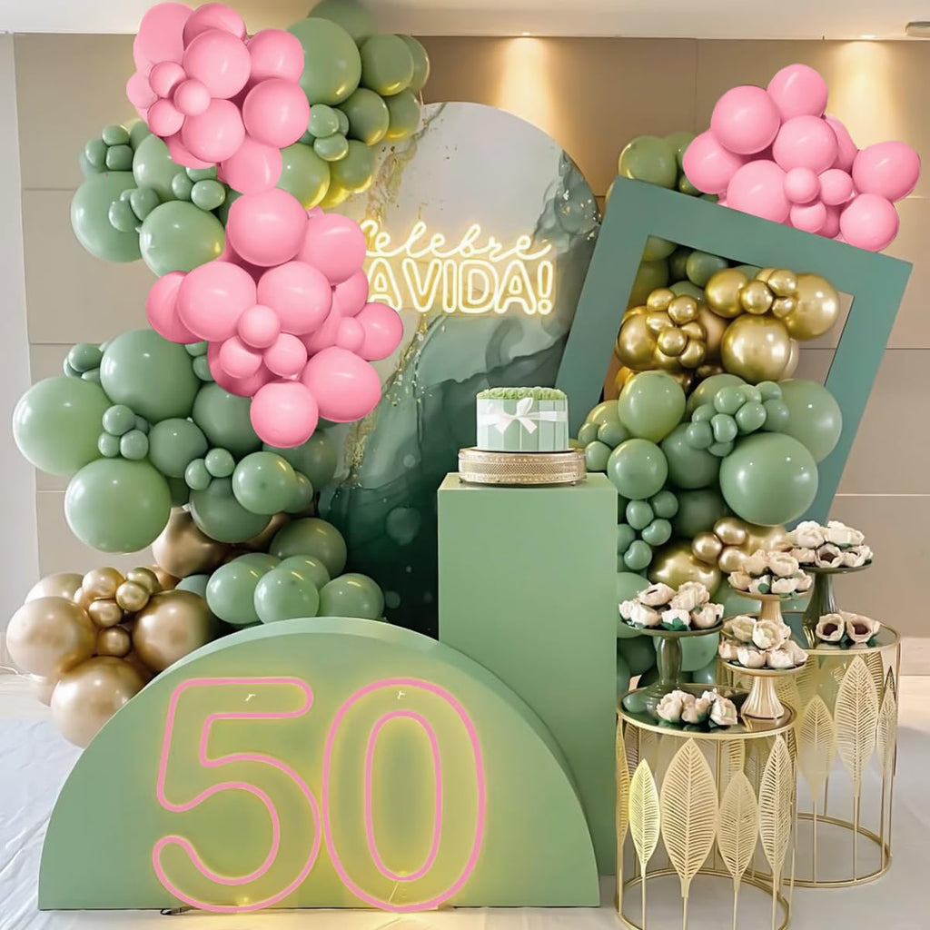 MEBAY 141-Piece Sage Green Balloon Arch Kit with Pink, Gold, and White