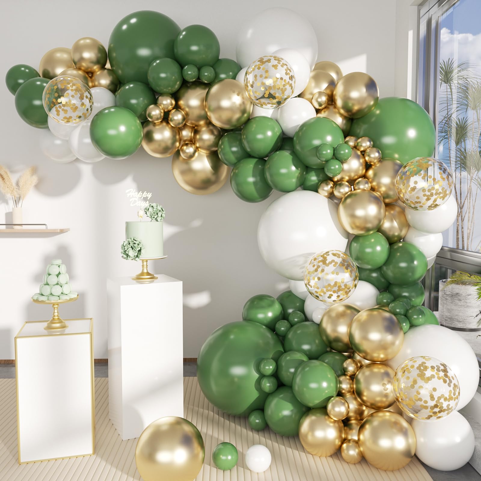 MEBAY 146-Piece Avocado Green, Gold & White Balloon Arch Kit for Parties, Weddings & Baby Showers