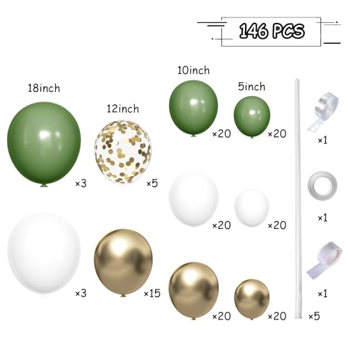 MEBAY 146-Piece Avocado Green, Gold & White Balloon Arch Kit for Parties, Weddings & Baby Showers