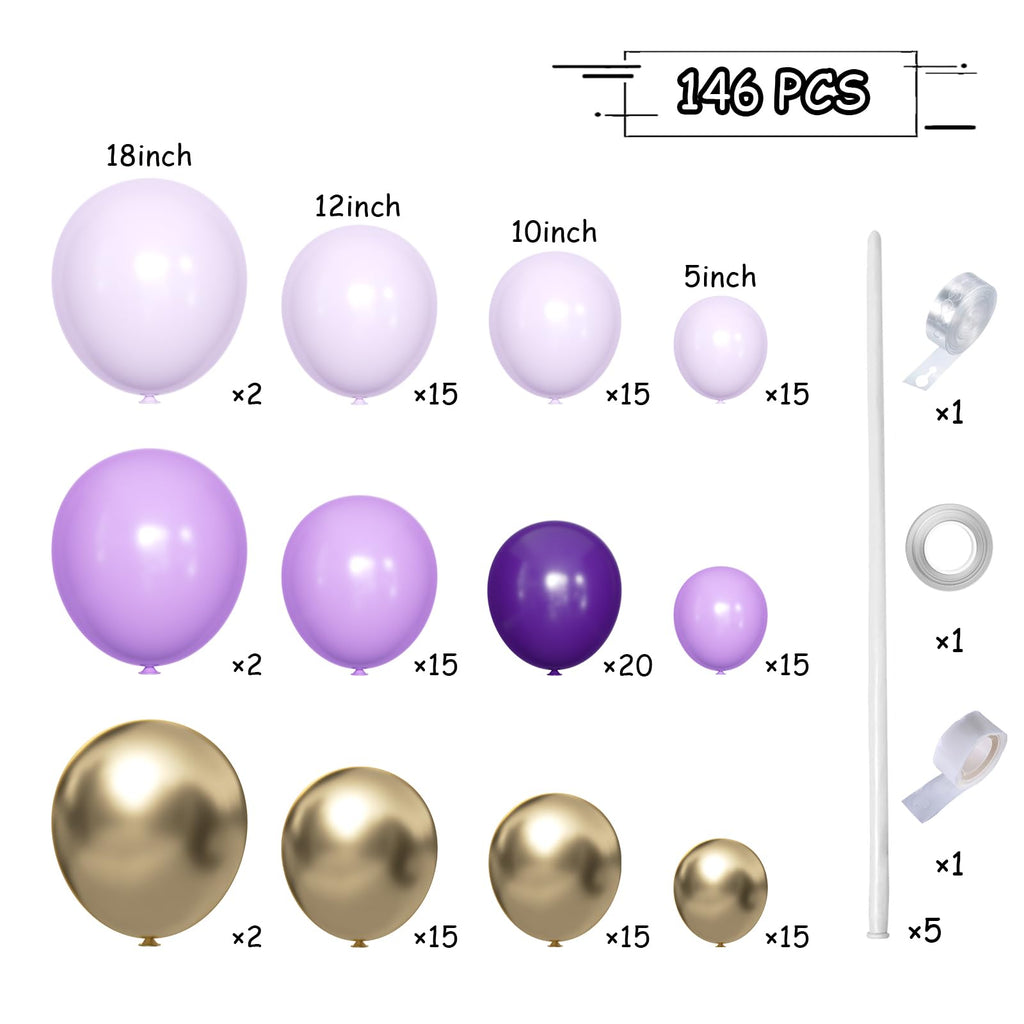 MEBAY 146-Piece Balloon Garland Arch Kit: Grey Violet, Maca Purple & Chrome Gold Latex Balloons for Parties