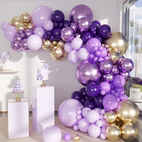 MEBAY 146-Piece Balloon Garland Arch Kit: Grey Violet, Maca Purple & Chrome Gold Latex Balloons for Parties