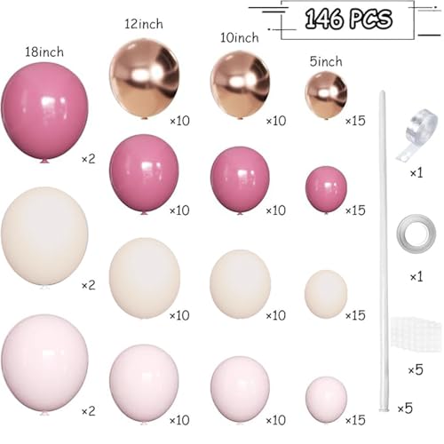 MEBAY 146-Piece Retro Rose Baby Pink Champagne White Sand Balloon Garland Arch Kit for Party Decorations