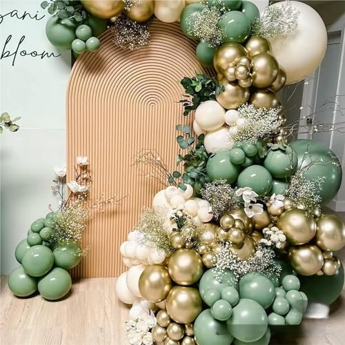 MEBAY 146-Piece Sage Green White Gold Balloon Garland Arch Kit – Latex Balloons in 18, 12, 10, 5 Inch Sizes for Baby Shower, Gender Reveal, Birthday Party Decor