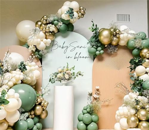 MEBAY 146-Piece Sage Green White Gold Balloon Garland Arch Kit – Latex Balloons in 18, 12, 10, 5 Inch Sizes for Baby Shower, Gender Reveal, Birthday Party Decor