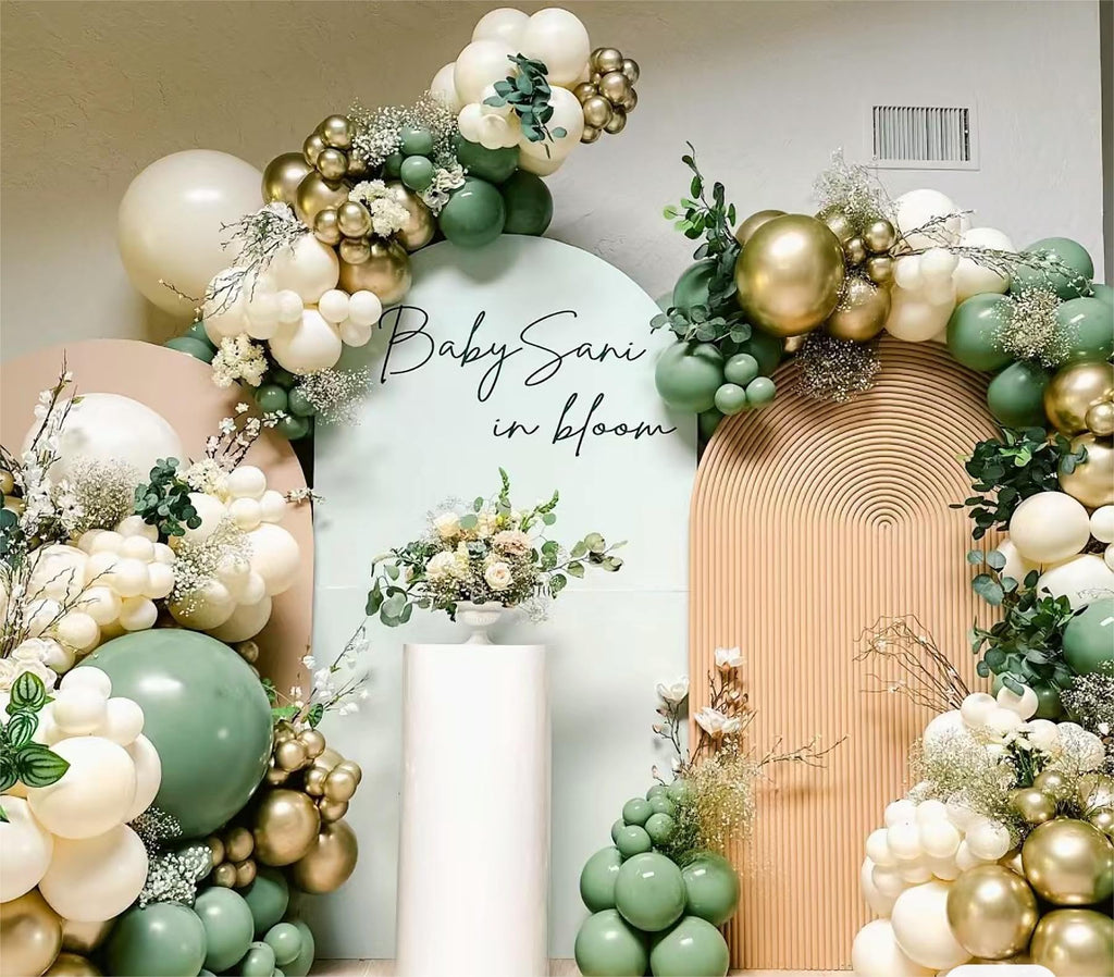 MEBAY 146-Piece Sage Green White Gold Balloon Garland Arch Kit – Latex Balloons in 18, 12, 10, 5 Inch Sizes for Baby Shower, Gender Reveal, Birthday Party Decor