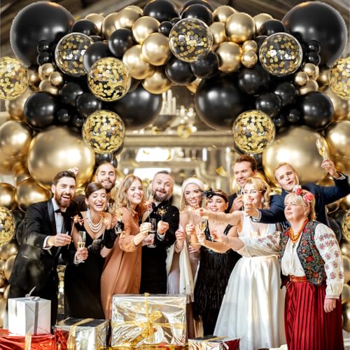 MEBAY 155Pcs Black and Gold Balloon Arch Kit with Confetti – Graduation, Birthday, Wedding Party Decor